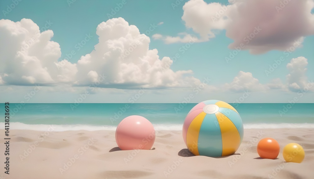 Obraz premium Beach balls on the beach under a blue sky with fluffy clouds, symbolizing summer relaxation and vacation vibes