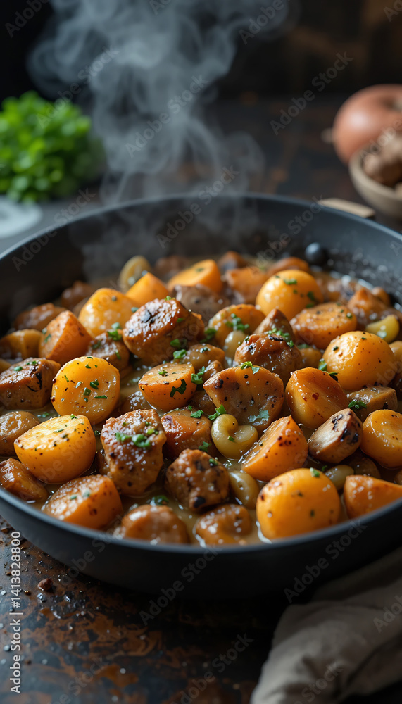 Warm golden stew simmers invitingly in rustic pan Rich autumnal tones create cozy ambiance. AI Generated Warm golden stew simmers invitingly in rustic pan Rich autumnal tones create cozy ambiance. AI Generated