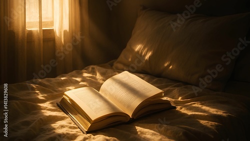  Natural sunlight streaming through curtains onto cozy bed with open book.