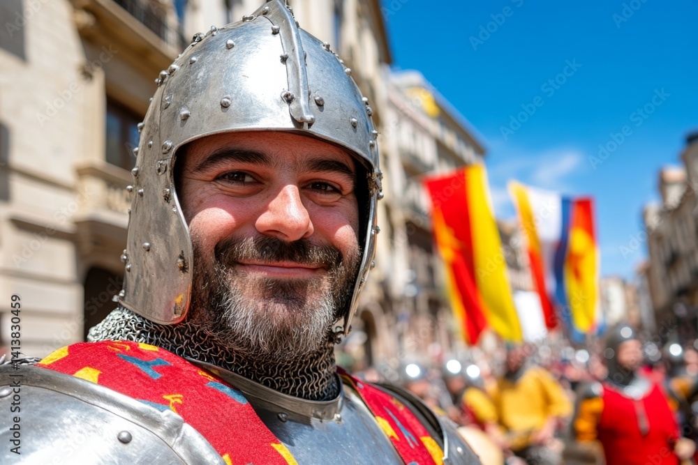 A medieval knights' tournament outside a grand castle, with jousting and colorful banners flying