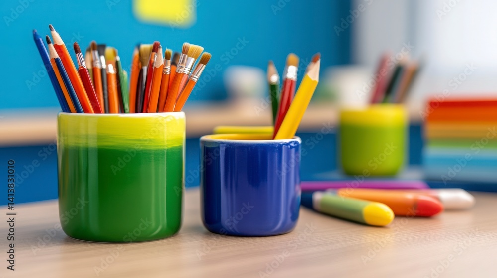 Obraz premium Colorful Stationery and Paint Brushes in Vibrant Office Workspace