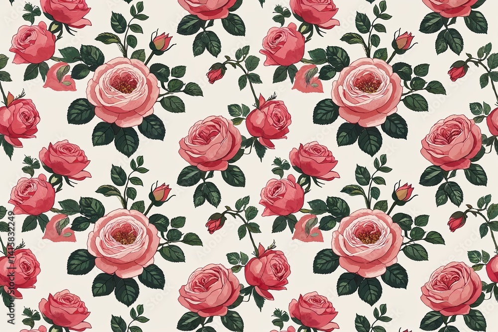 Exquisite Floral Repeating Pattern of Illustrated Rose Blooms for Botanical Home Decor Exquisite Floral Repeating Pattern of Illustrated Rose Blooms for Botanical Home Decor