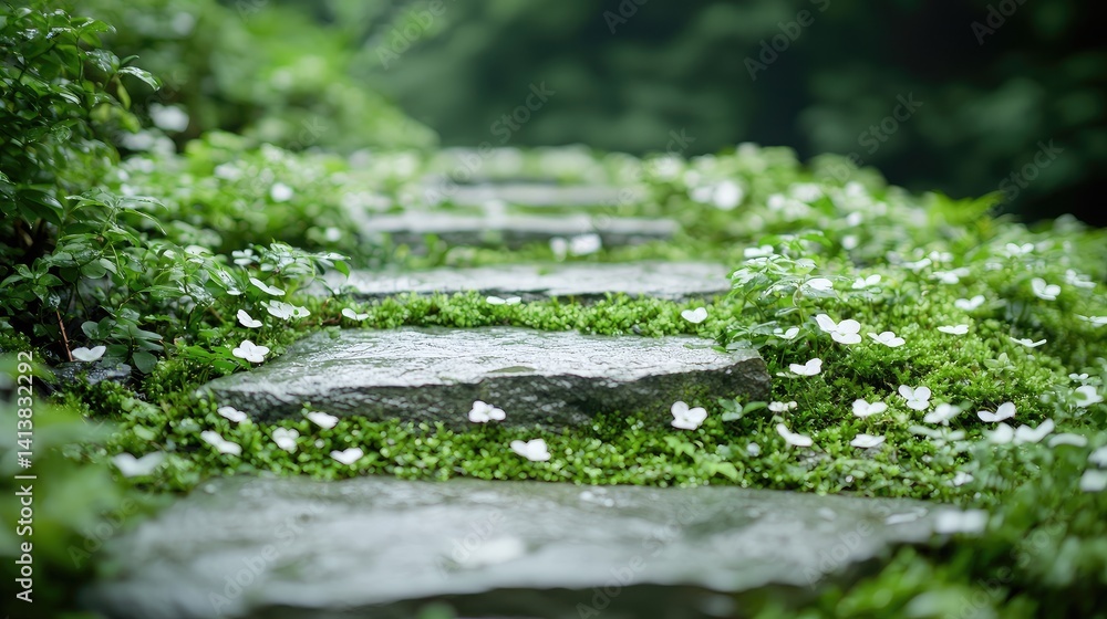 Fototapeta premium Lush greenery overgrowing stone steps natural tranquil garden scene