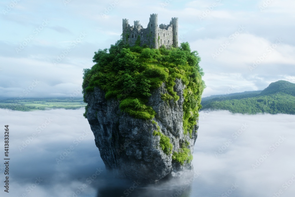 A ruined castle on a lonely island in the middle of a foggy lake, creating a hauntingly beautiful scene