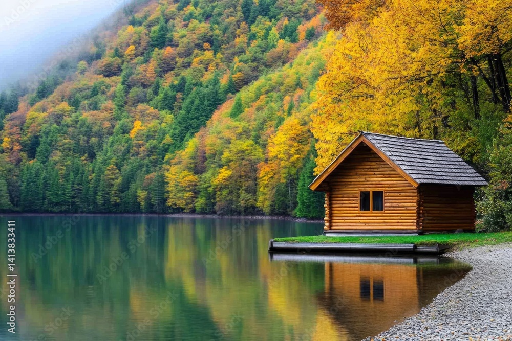Obraz premium A rustic log cabin by a peaceful lake, surrounded by autumn trees reflecting on the water