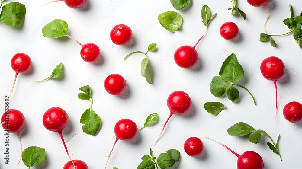Fresh Radishes and Greens on White Background for Culinary Design Fresh Radishes and Greens on White Background for Culinary Design