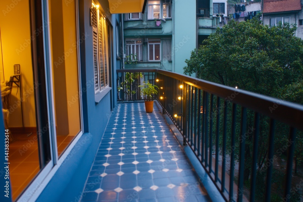 A semi-detached house at night, glowing warmly with string lights along the balcony and a peaceful atmosphere