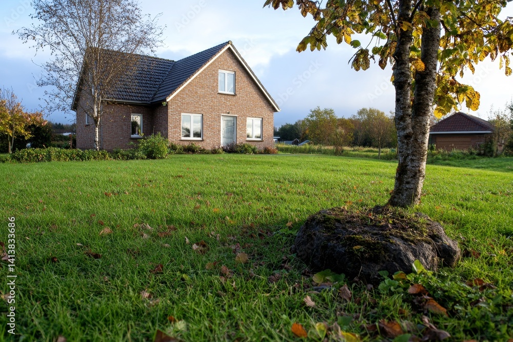 A semi-detached house at sunrise, with soft morning light illuminating the front yard garden