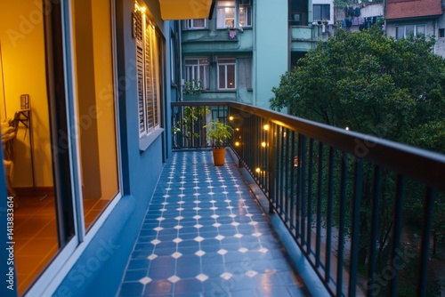A semi-detached house at night, glowing warmly with string lights along the balcony and a peaceful atmosphere