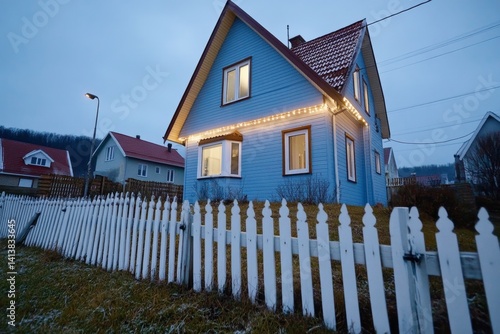 A semi-detached house at night, glowing warmly with string lights along the balcony and a peaceful atmosphere