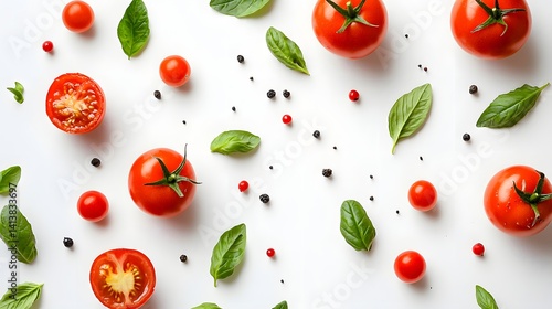 Fresh Tomatoes and Basil Leaves Styled on Clean White Surface