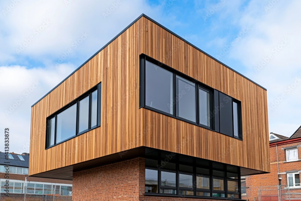 A semi-detached house in a modern Scandinavian style, featuring a minimalist black and wood design with clean lines