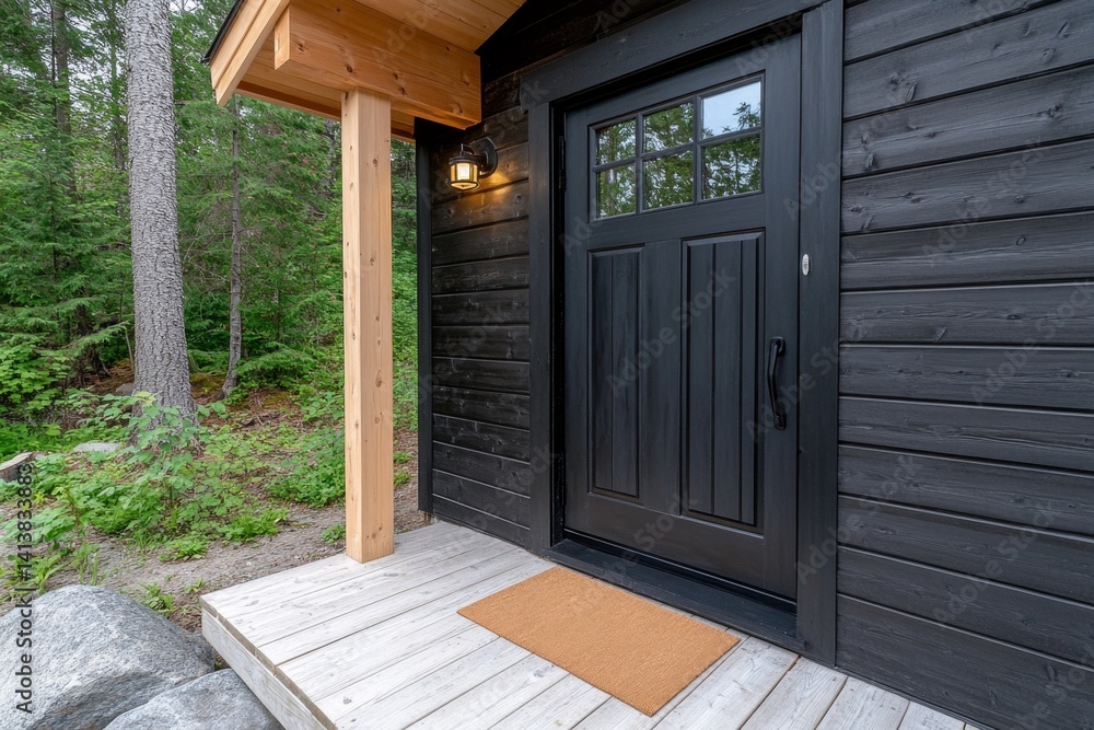 A semi-detached house in a modern Scandinavian style, featuring a minimalist black and wood design with clean lines