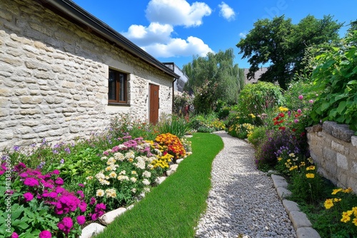 A semi-detached house covered in ivy and surrounded by a blooming garden, giving it a charming countryside feel