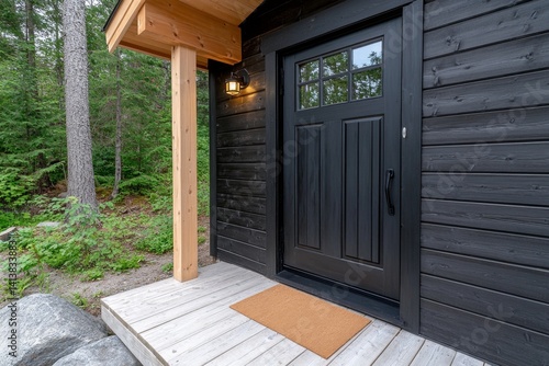 Obraz na płótnie A semi-detached house in a modern Scandinavian style, featuring a minimalist black and wood design with clean lines w salonie