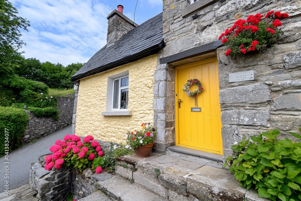 A semi-detached house with a bright yellow front door, adding a cheerful and unique touch to the facade
