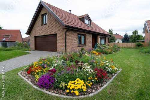 Obraz na płótnie A semi-detached house with a beautiful pergola in the backyard, surrounded by climbing vines and flowers w salonie