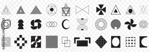 Vector set of Brutalist Geometric shapes. Trendy abstract minimalist figures, stars, flowers, circles and variety. Modern abstract graphic design elements. Vector illustration. Swiss design Aesthetic.