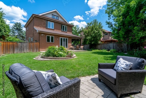 Obraz na płótnie A semi-detached house with a beautifully landscaped backyard, complete with an outdoor seating area and a small fountain w salonie