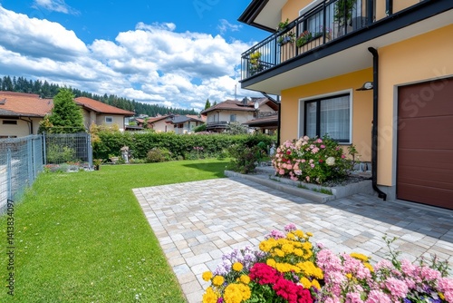 A semi-detached house with a charming balcony on the second floor, offering a view of a quiet suburban street