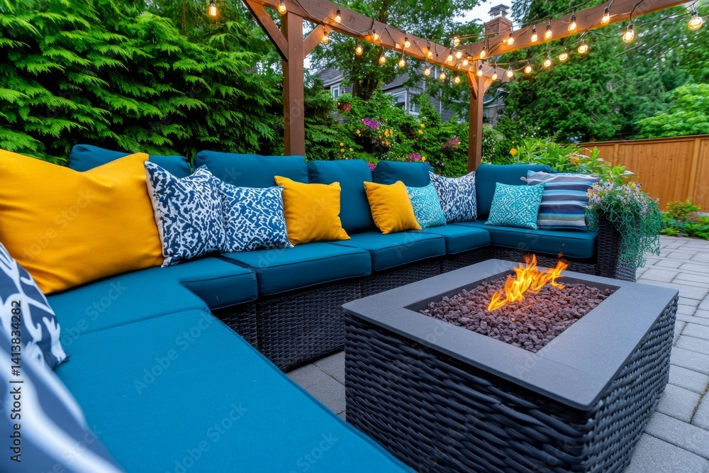 A semi-detached house with a cozy backyard patio, featuring outdoor seating, string lights, and a fire pit