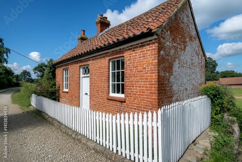 A semi-detached house with a red brick facade and a small white picket fence, located in a peaceful suburban setting