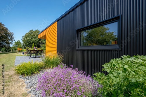 A semi-detached house with a rooftop terrace, featuring a small outdoor dining area and plants