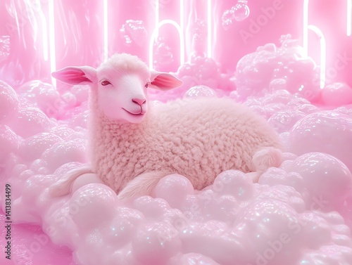 Serene Lamb in a Pink Dreamy Foam Landscape