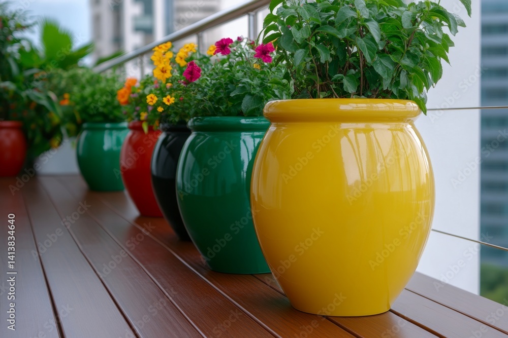 A semi-detached house with a stunning rooftop garden, featuring wooden decking and colorful flower pots