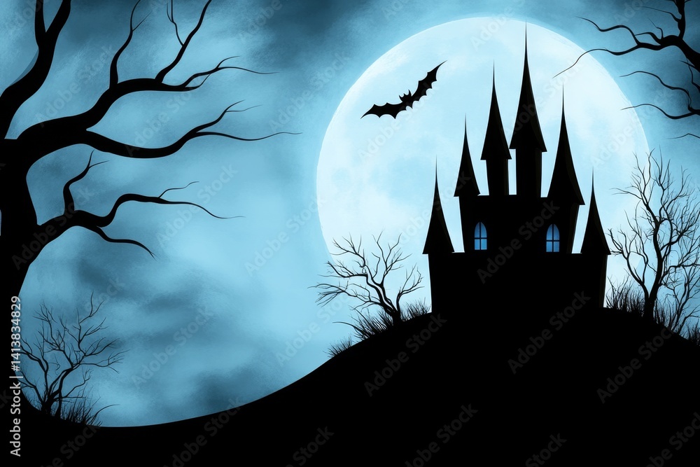 A simple black silhouette of a castle with tall spires, set against a moonlit background