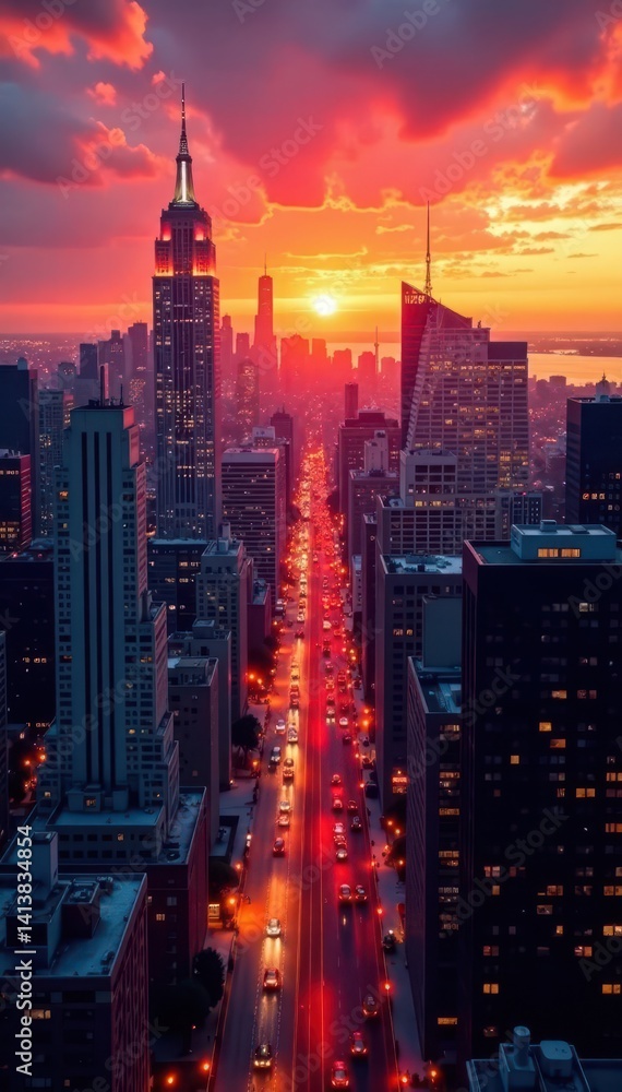 Obraz premium High angle, fiery sunset paints NYC buildings , city, pink