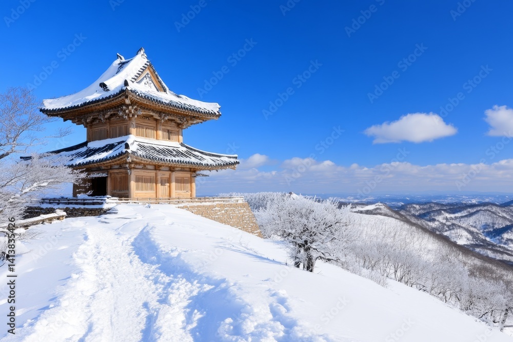 A snowy mountain fort built by ancient warriors, its wooden watchtowers standing tall against the icy wind A snowy mountain fort built by ancient warriors, its wooden watchtowers standing tall against the icy wind