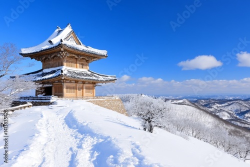 Obraz na płótnie A snowy mountain fort built by ancient warriors, its wooden watchtowers standing tall against the icy wind w salonie