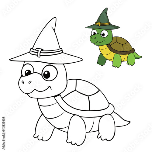 A cute turtle wearing a pointy witch hat, blending charm and magic with its slow, steady vibe—perfect for Halloween fun or a whimsical fantasy touch.