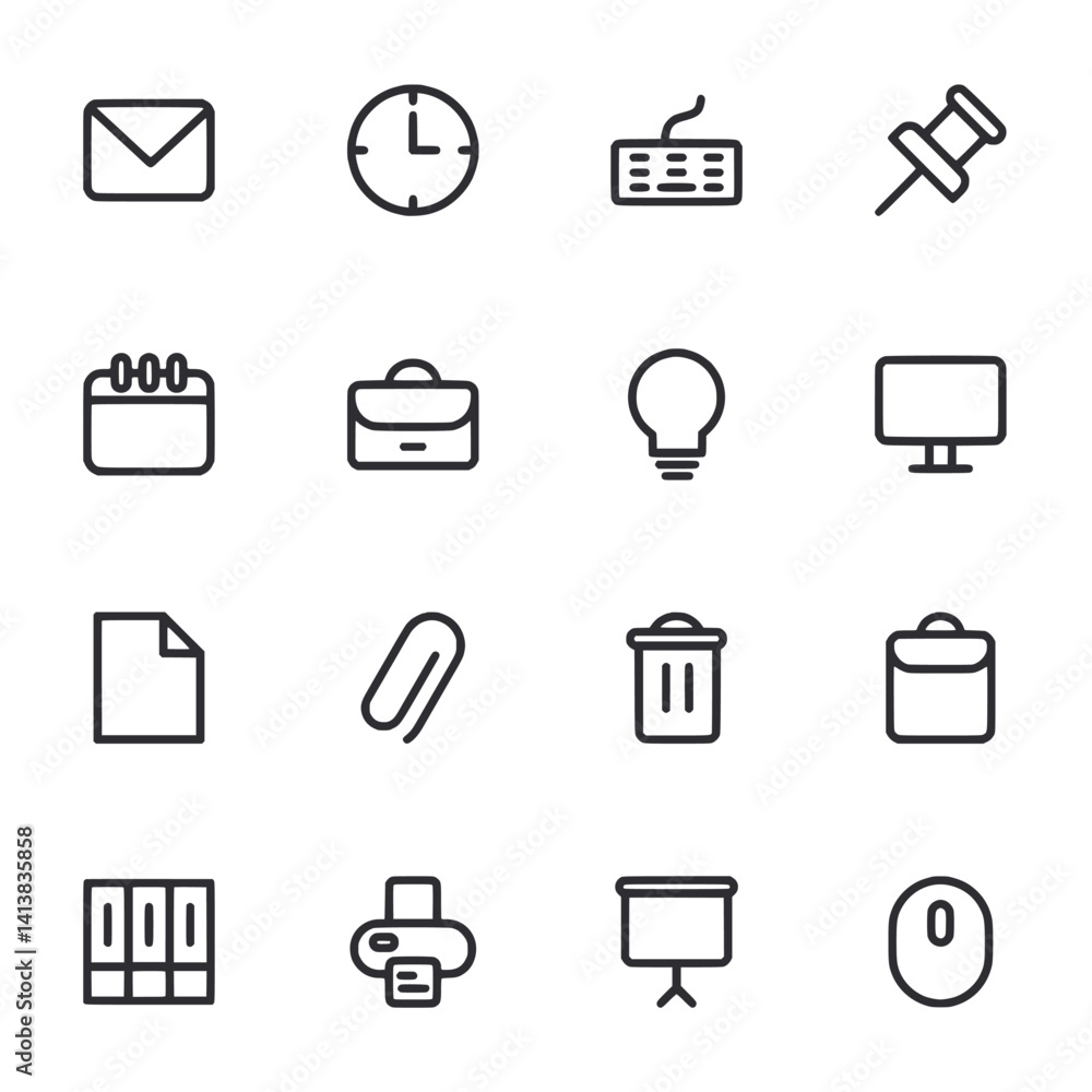 A set of icons for office supplies and equipment A set of icons for office supplies and equipment