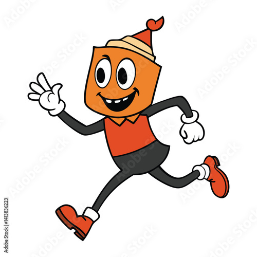 A goofy Halloween character in a wild sprint—arms flailing, wide-eyed, dressed in a mismatched costume with silly props, fleeing spooky chaos in hilarious panic!