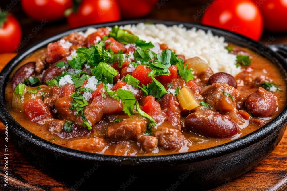 A traditional Brazilian feijoada dish served on a wooden table, rich in flavors and textures A traditional Brazilian feijoada dish served on a wooden table, rich in flavors and textures