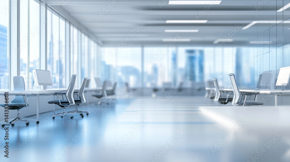 Fototapeta premium modern office space showcasing cleanliness and minimalist design with sleek workstations bathed in natural light and featuring a blurred cityscape backdrop for corporate appeal