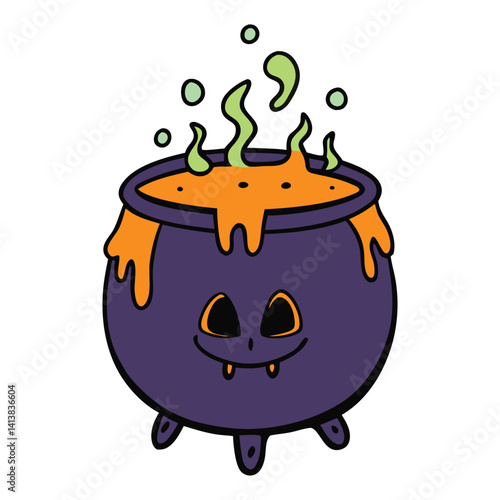 A bubbling Halloween cauldron spills over with glowing green potion, oozing down its sides. Surrounded by mist, it casts a spooky, magical vibe.