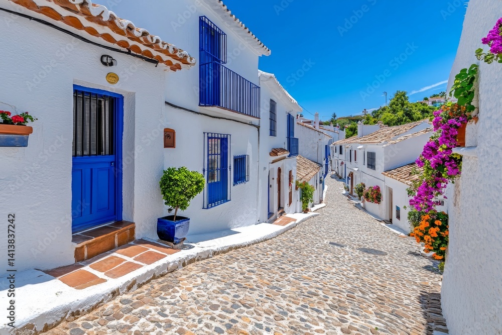 A white semi-detached house with blue shutters, located in a picturesque coastal town with a view of the ocean