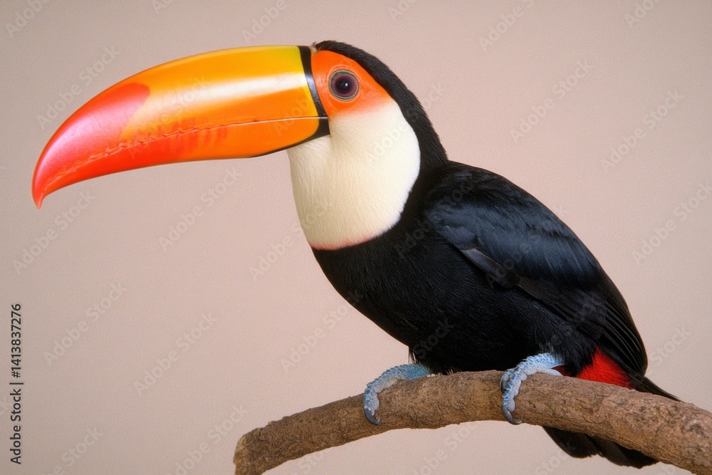 A wild toucan sitting on a tree branch in the Amazon, its large beak vibrant with color