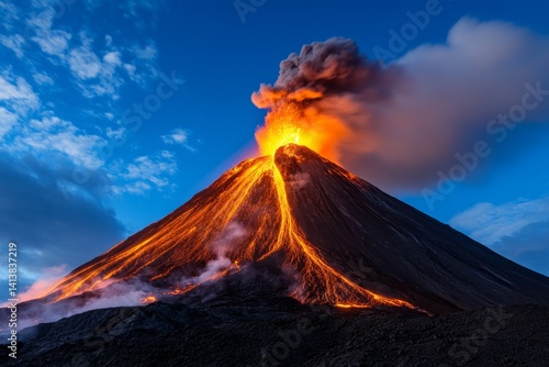 Obraz na płótnie A volcano erupting in Chile, lava glowing against the dark night sky w salonie