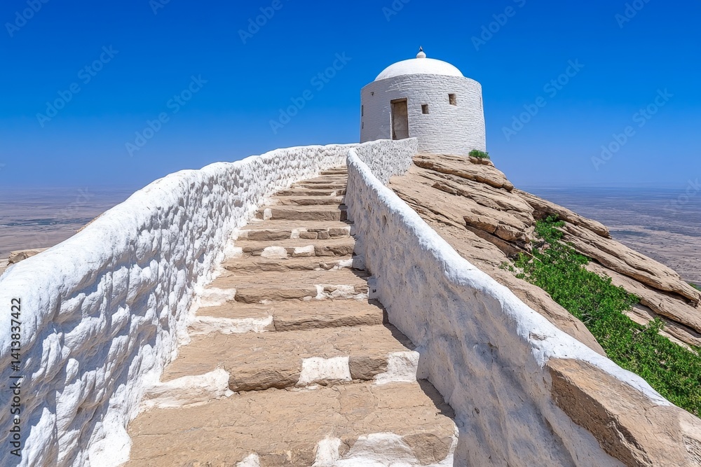 An Arabian fortress made of white limestone, overlooking an endless desert