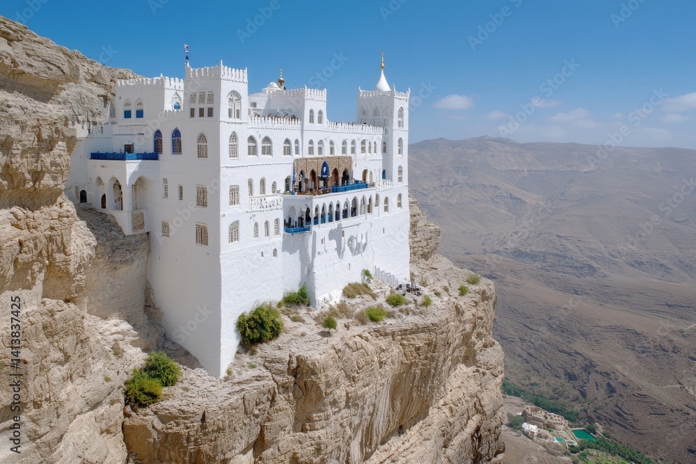 An Arabian fortress made of white limestone, overlooking an endless desert