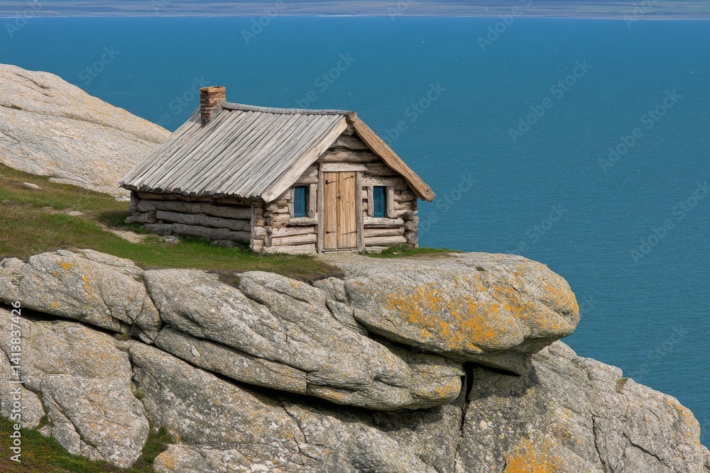 A wooden hut perched on a high cliff, overlooking the endless ocean below