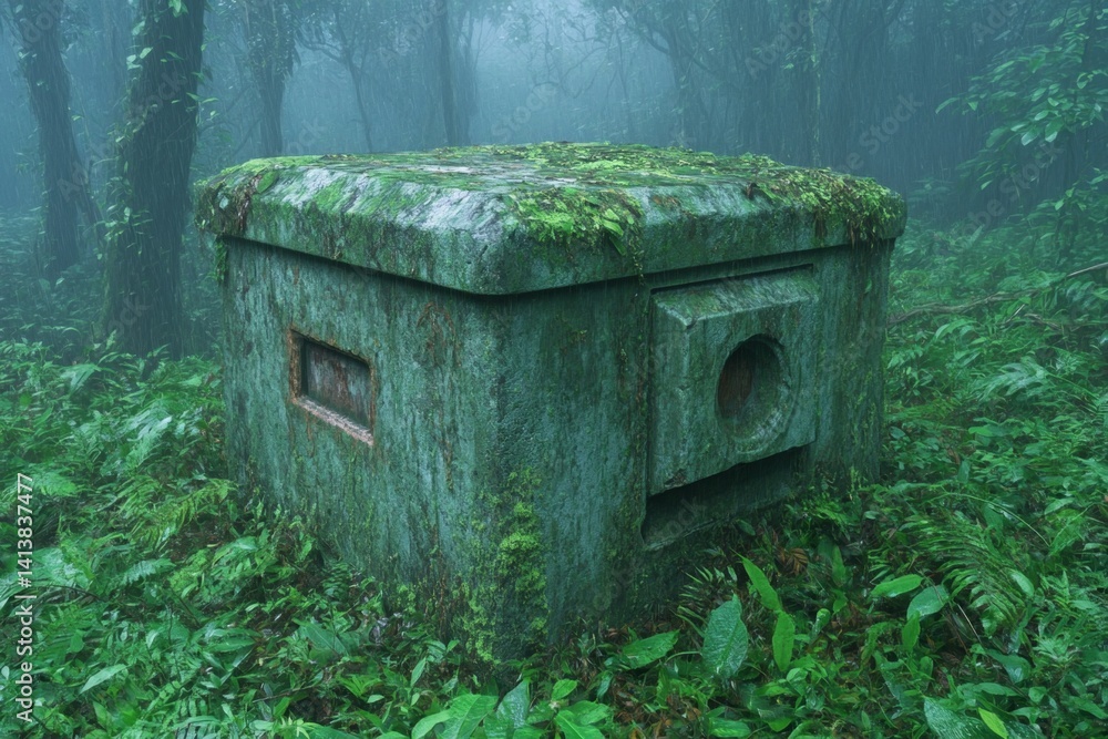 An abandoned fortress hidden deep in the Amazon jungle, overgrown with vines and surrounded by mist