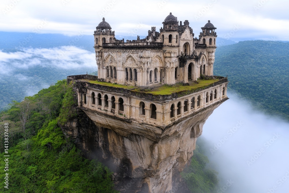 An abandoned fortress hidden deep in the Amazon jungle, overgrown with vines and surrounded by mist