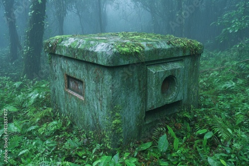 Obraz na płótnie An abandoned fortress hidden deep in the Amazon jungle, overgrown with vines and surrounded by mist w salonie
