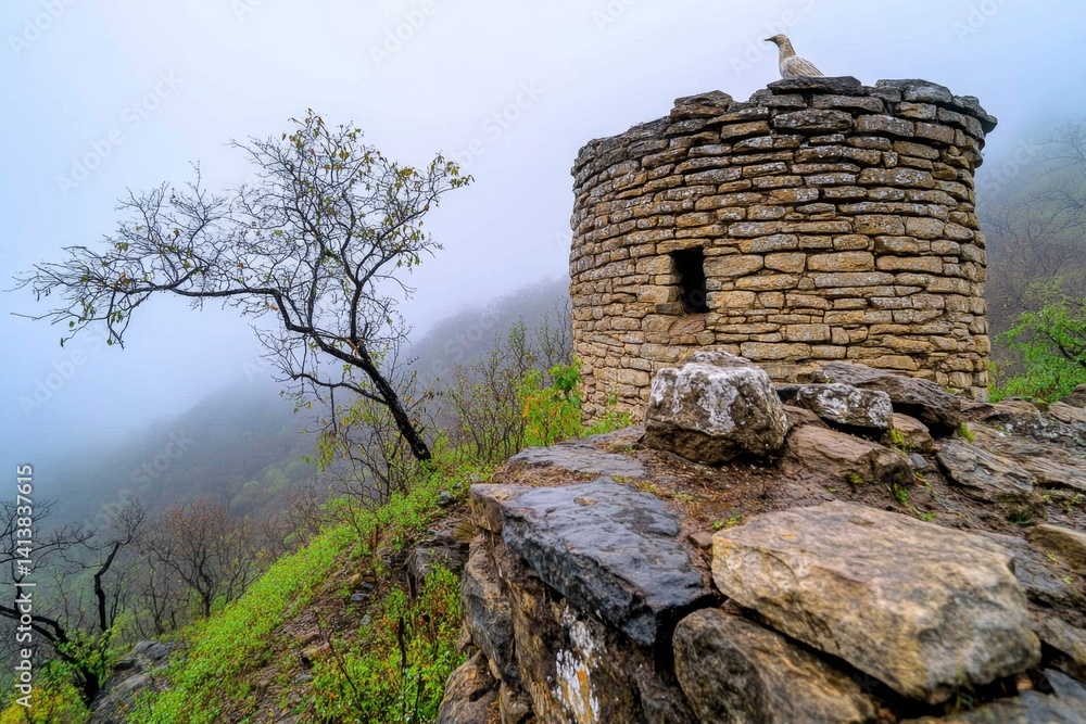 An ancient fortress in ruins, covered in creeping vines and haunted by spectral warriors