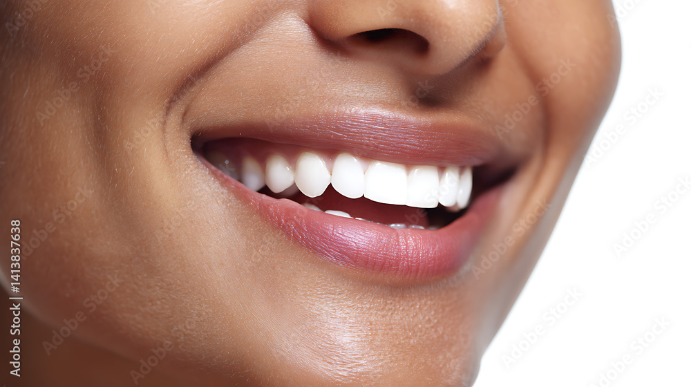 Fototapeta premium Close-up of a smiling woman showcasing her bright white teeth against a clean background